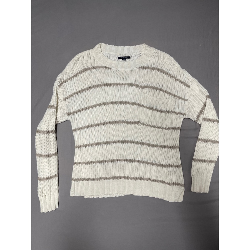 American Eagle Womens Medium Cream Tan Striped Pocket Crewneck Knit Sweater